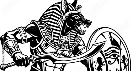 Ancient Egyptian God Anubis Warrior Holding Sword and Shield