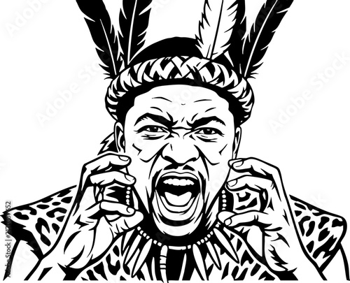 Shouting African Warrior in Traditional Tribal Attire Illustration