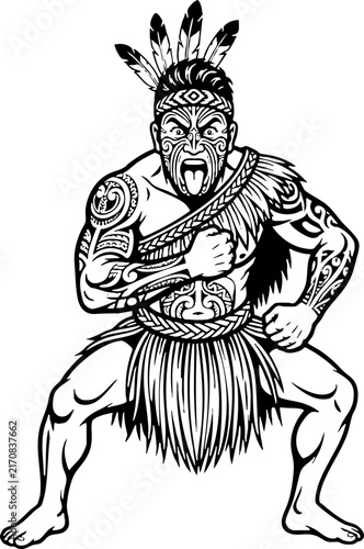 Maori Warrior Performing Traditional Haka Dance Illustration