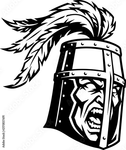 Medieval Knight Warrior Head Mascot with Helmet and Plume