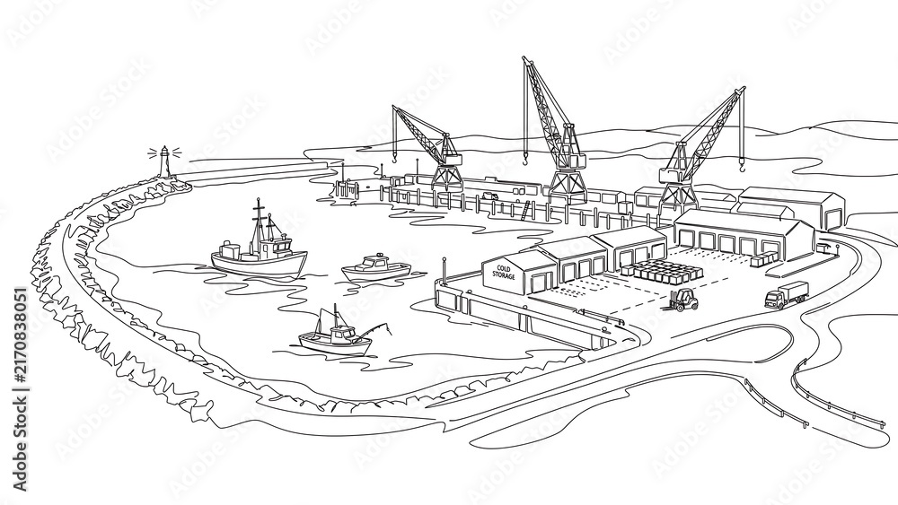 Fototapeta premium Detailed harbor scene illustration white background.
