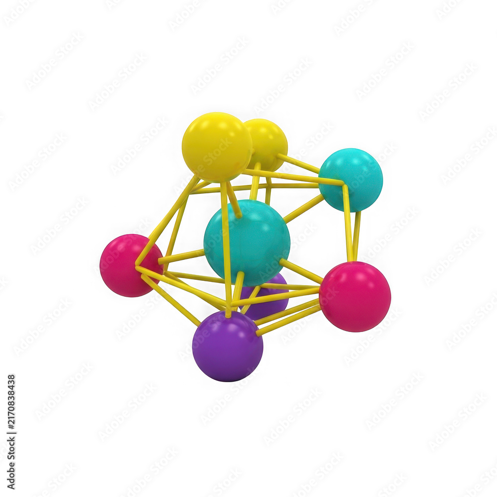 Obraz premium Colorful 3d molecule model with connected spheres and yellow lines representing chemical bonds isolated on transparent background , PNG