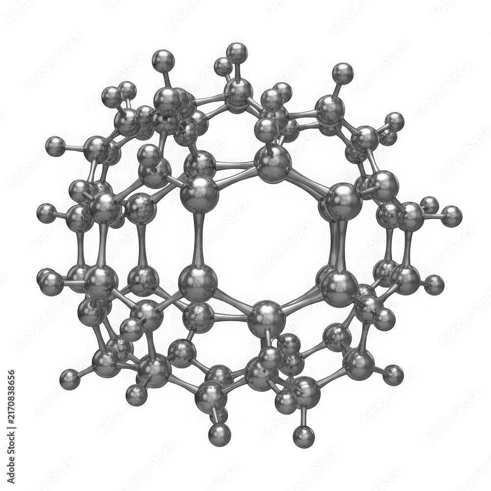 Obraz premium Complex molecular structure model of a carbon fullerene sphere representing chemical science isolated on transparent background , PNG