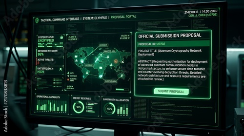Futuristic green user interface screen displaying tactical data metrics with an official submission proposal text box on a dark display hud interface screen proposal green tech technology