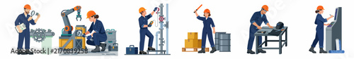 Set of industrial factory workers and engineers in protective gear performing maintenance, repair, and assembly tasks in a manufacturing environment.