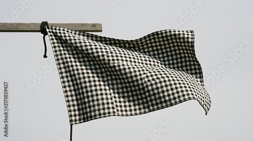 Classic monochrome grid waving banner isolated against a clean colorless setting with ample room for text checkered racing flag white background black monochrome grid pattern banner