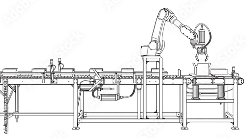 Industrial robotic arm assembly line white background.