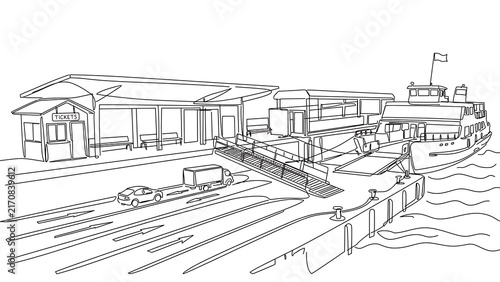 Industrial port scene sketch white background.
