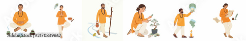 Illustrations of spiritual practitioners in traditional Indian attire engaged in meditation, yoga, rituals, and mindful activities for mental peace and enlightenment.