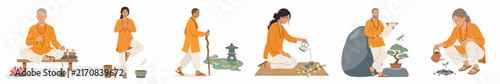 Set of minimalist vector illustrations depicting mindful practices like yoga, meditation, gardening, and tea ceremony for holistic wellness and spiritual peace.