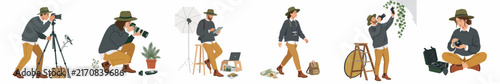 Set of flat vector illustrations of male and female photographers in diverse poses with professional camera equipment isolated on a white background.