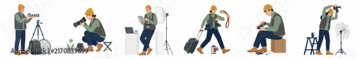 Set of professional photographer vector illustrations depicting various activities like studio lighting setup, outdoor nature photography, and equipment maintenance.