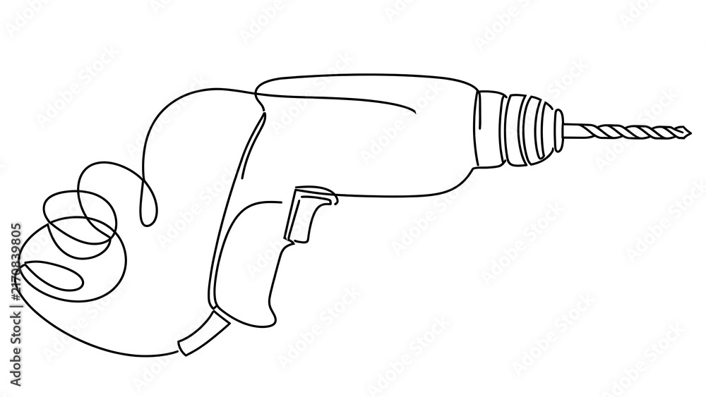 Fototapeta premium Electric drill line art illustration white background.
