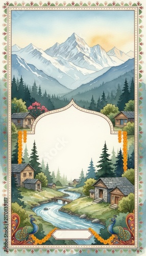 Himalayan Village Mountain Valley Watercolor Frame Background with River Peacocks and Marigold Garlands