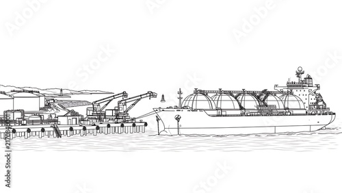 Industrial port scene with cargo ship white background.