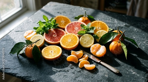 Ripe citrus slices and peeled mandarin segments arranged with fresh green foliage on a dark slate table casting deep shadows under bright side light tangerine mandarin citrus orange fruit