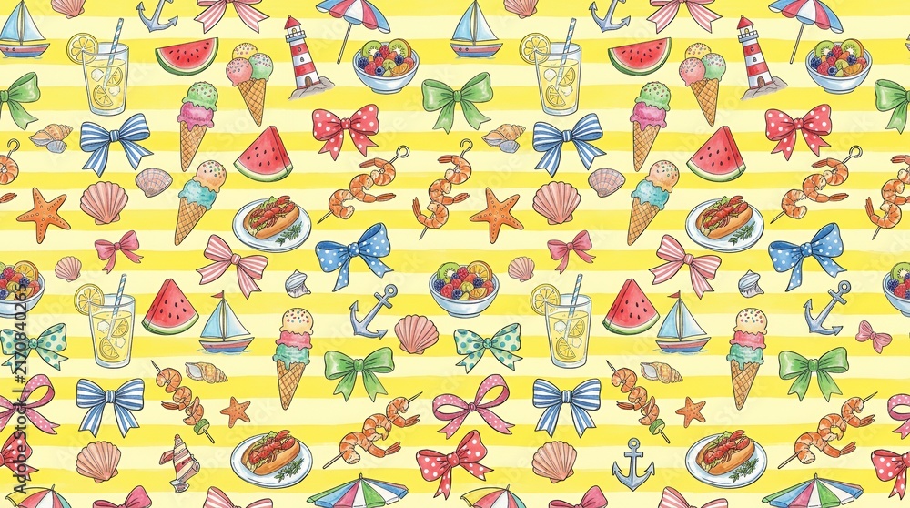 Whimsical hand drawn seamless tiling pattern of coastal summer culinary elements and bows on a bright yellow striped background pattern seamless yellow stripe doodle hand-drawn whimsical