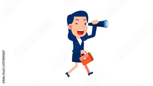 Animated businesswoman walking with telescope on representing vision strategy and future planning