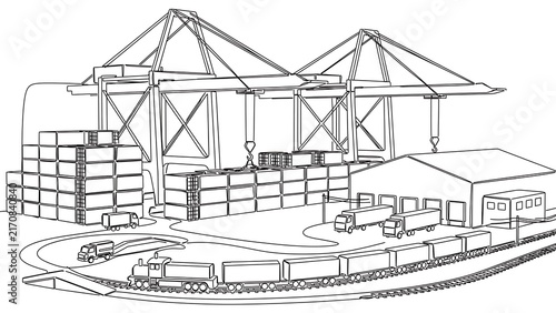 Industrial port scene with cranes and ship white background.