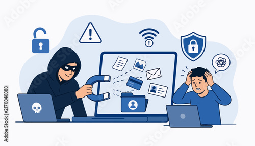 Cybersecurity Threat and Data Protection Concept with Hacker and Online Security Illustration