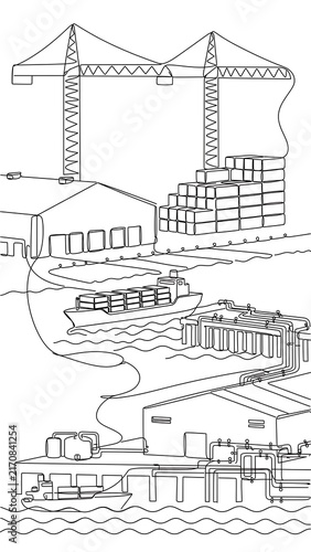 Industrial port scene with cranes and ships white background.