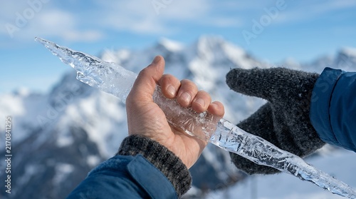 Frozen Winter Element Frosty icicle grasped by a hand with a soft focus snow covered peak scenery in the backdrop highlighting the crystalline quality and smooth surface of natural ice  icicle
