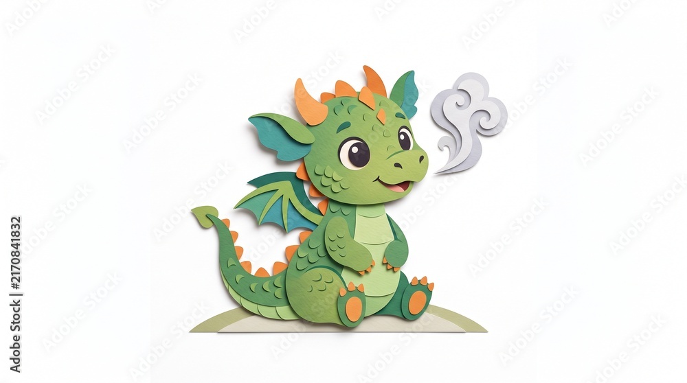 Naklejka premium A cute green baby dragon illustration sitting and breathing a small puff of smoke.