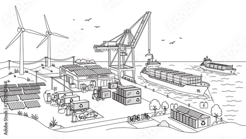 Industrial port scene with cranes and ships white background.