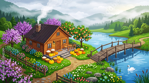 Countryside autumn landscape illustration by a river in the mountains