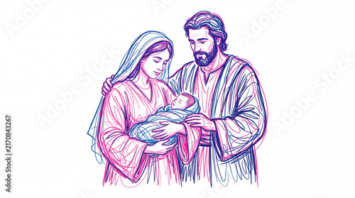Holy Family, Mary, Joseph and the baby Jesus, line art illustration