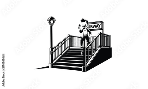 Foto Retro cartoon man holding ice cream at a subway station entrance