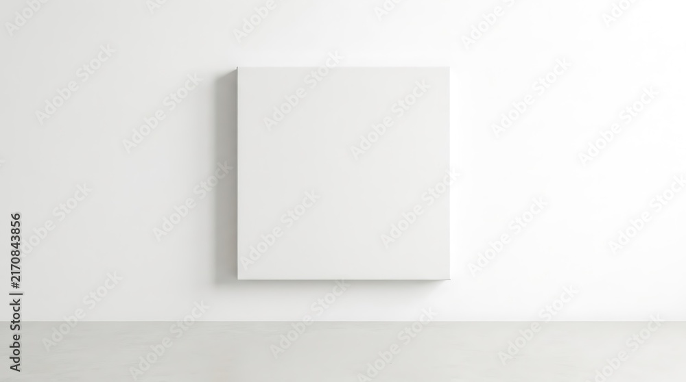 Fototapeta premium Blank square canvas mockup hanging on a clean white wall for interior design presentation.