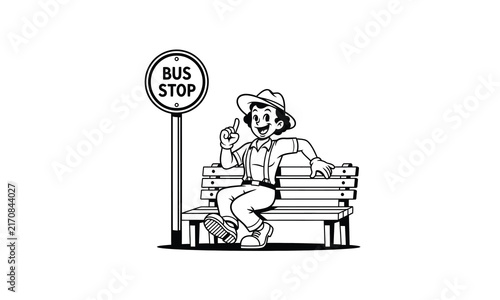 Retro cartoon man sitting on a bench at a bus stop sign