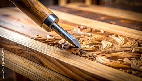 Intricate woodworking tool carving ornate design into wood surface, highlighting craftsmanship and detail