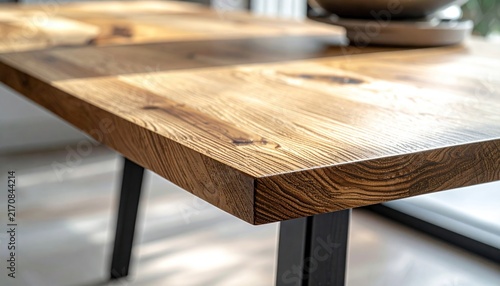 Sunlit wooden table with black metal legs, features natural grain and soft shadows