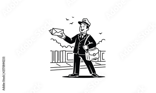 Vintage postman delivering mail in classic line art style