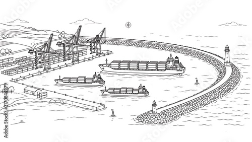 Industrial port scene with ships white background.