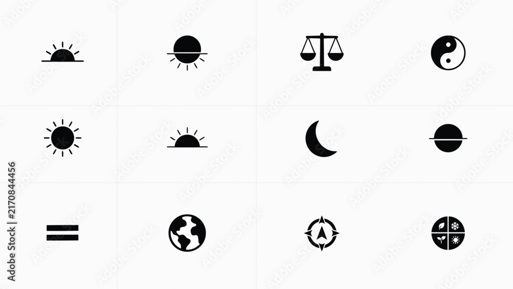 Fototapeta premium Minimalist celestial and balance symbols arranged in clean grid format with globe symbols organized rows Black white icons sun symbolic representation symbolic design planet