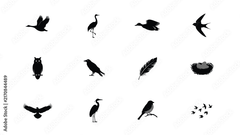 Naklejka premium Black and white bird silhouettes flying perched and nesting in minimalist style with Nine stylized black silhouettes birds various poses against plain background illustration