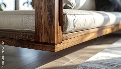 Wooden-framed beige sofa with sunlight casting shadows on polished floor and minimalist interior design