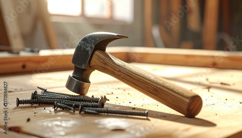 Wooden hammer resting on a workbench beside scattered nails in sunlit workshop setting