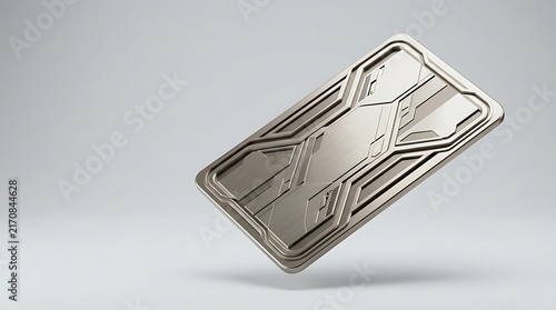 Futuristic metallic credit card with circuit board pattern on a clean white background.