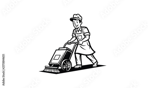 Vintage style street sweeper man pushing cleaning machine vector