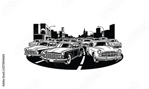 Vintage classic cars stuck in heavy city traffic jam