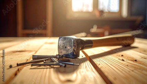 Close-up of a hammer and nails on a wooden table in sunlight, suggesting a workshop setting