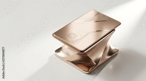 Rose gold credit card on white background, luxury payment card for financial services.