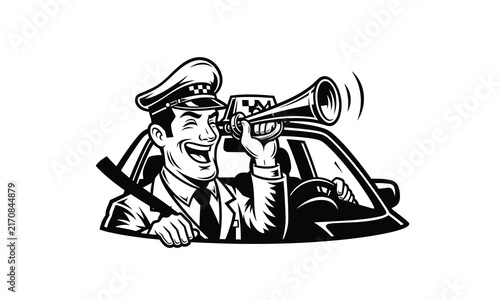 Cheerful taxi driver blowing an air horn from car window