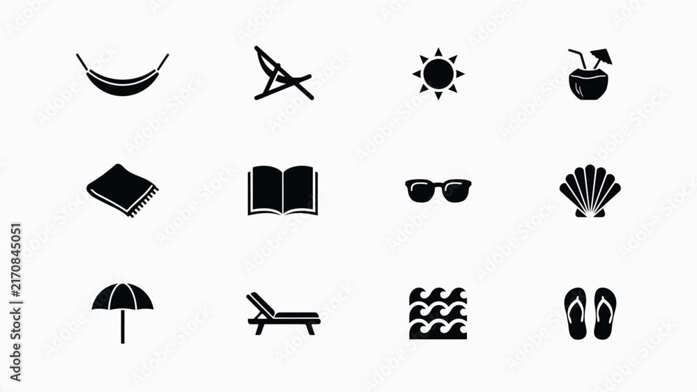 Fototapeta premium Collection of black and white icons representing leisure activities with illustrating beach vacation vacation related items items pastimes simple sunny day set icons summer