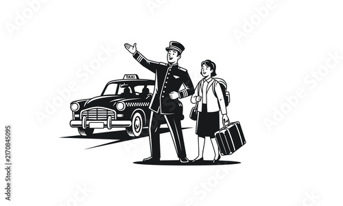 Vintage doorman hailing a taxi for a woman with luggage