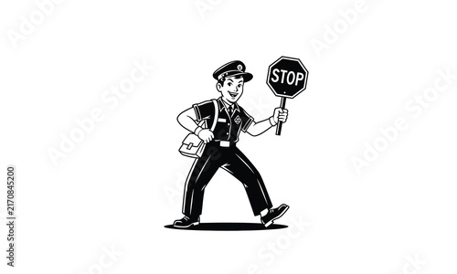 Retro school crossing guard holding a stop sign while walking